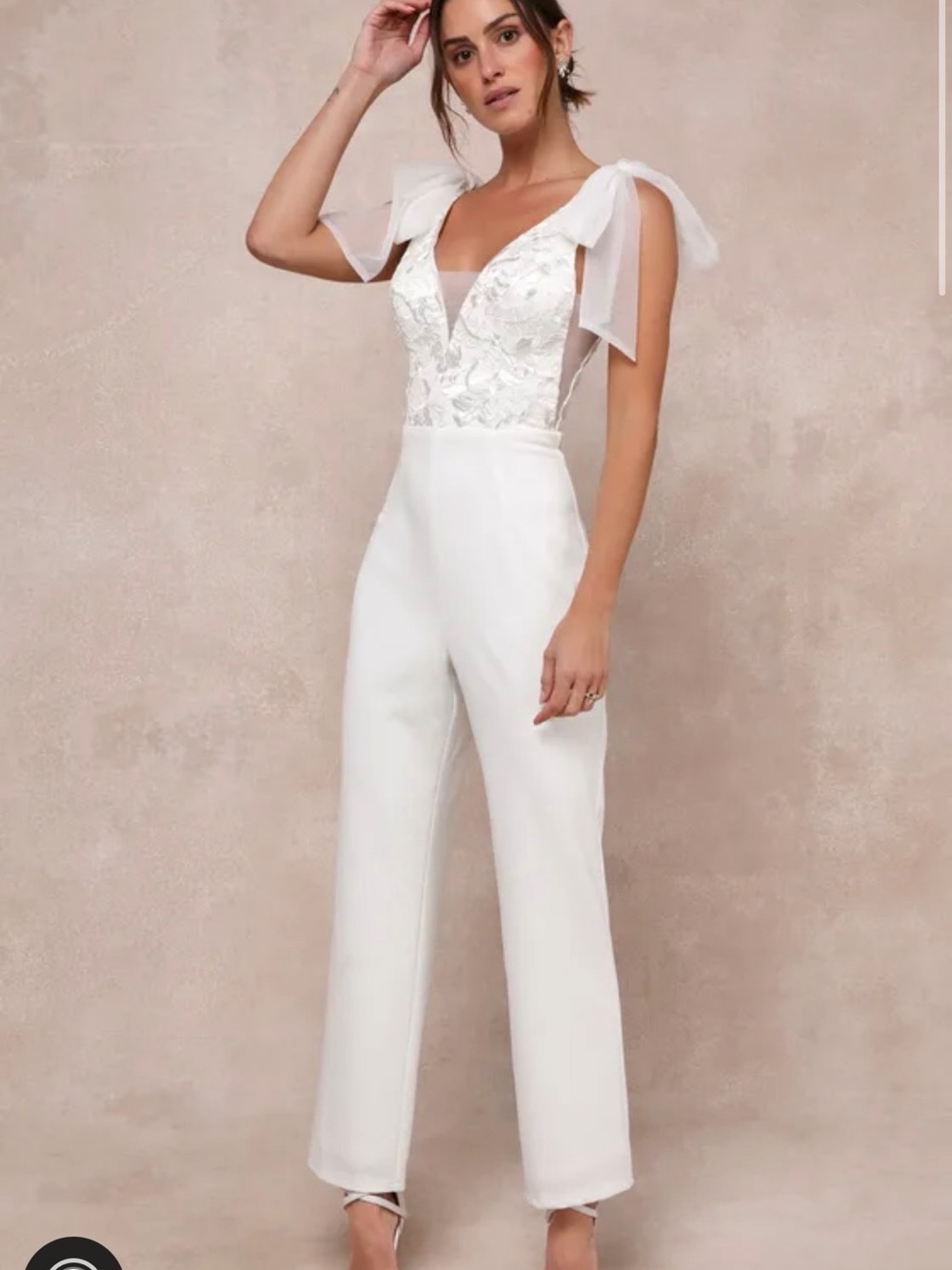 Lulu's Ivory Lace Bodice Jumpsuit with Tie Shoulders